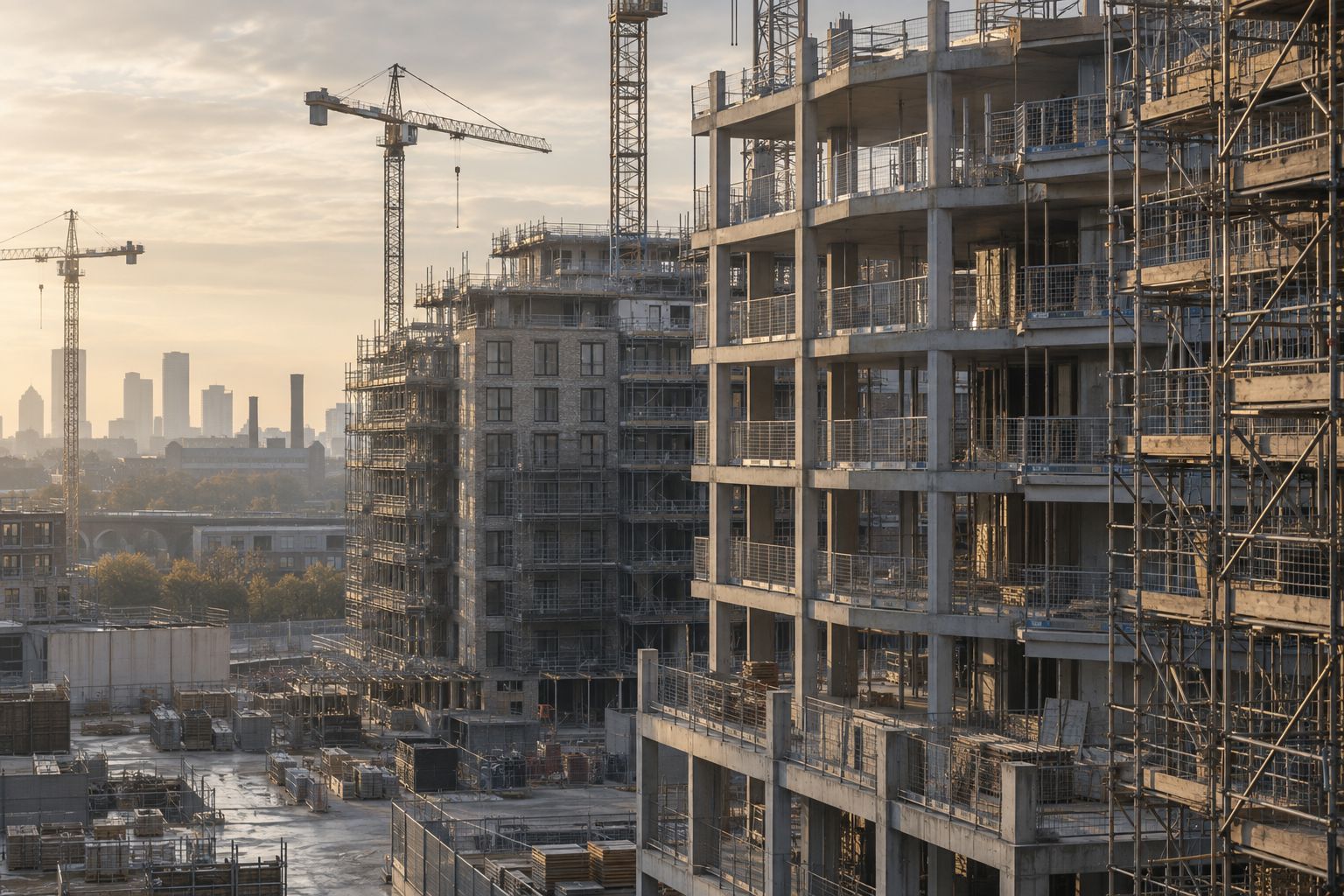 Residential blocks under construction, with tower cranes and a city skyline beyond