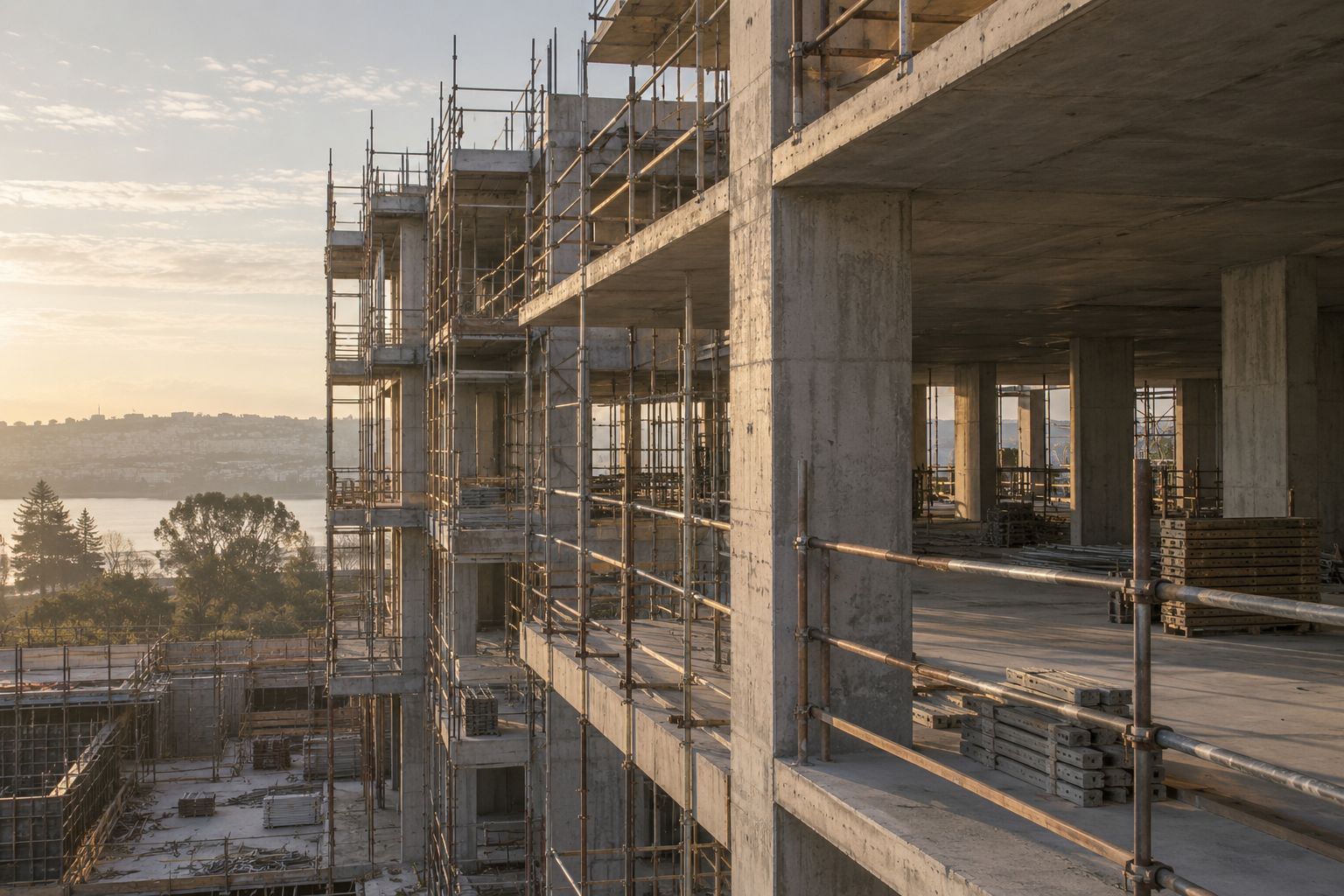 Concrete frame of an apartment building under construction, wrapped in scaffolding