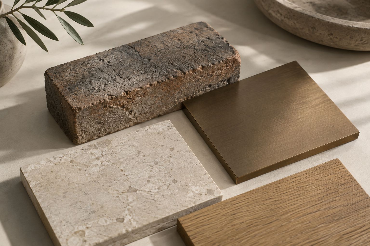 Samples of brick, stone, bronze and oak laid out on a table