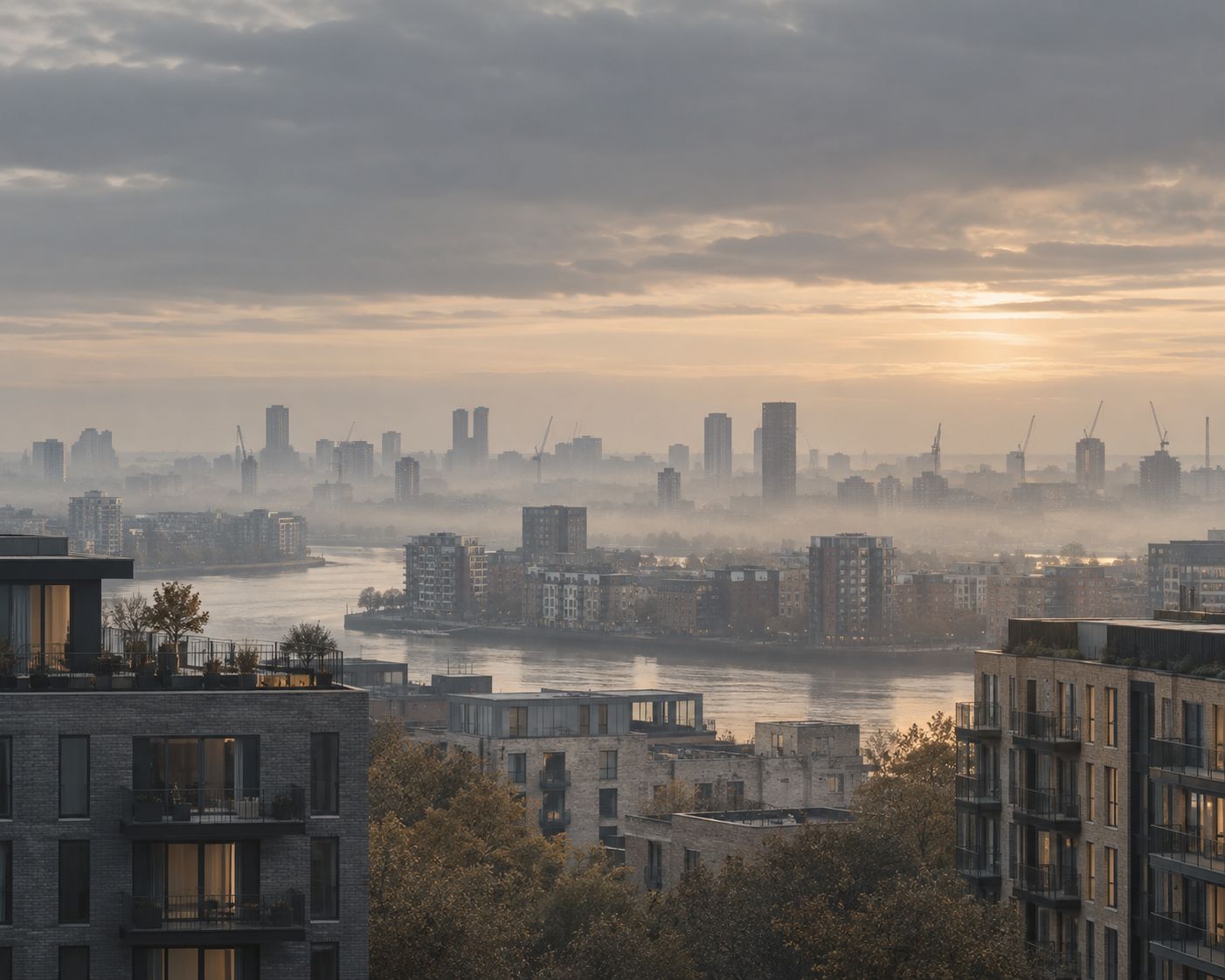 City skyline across a river in morning mist, seen over apartment rooftops