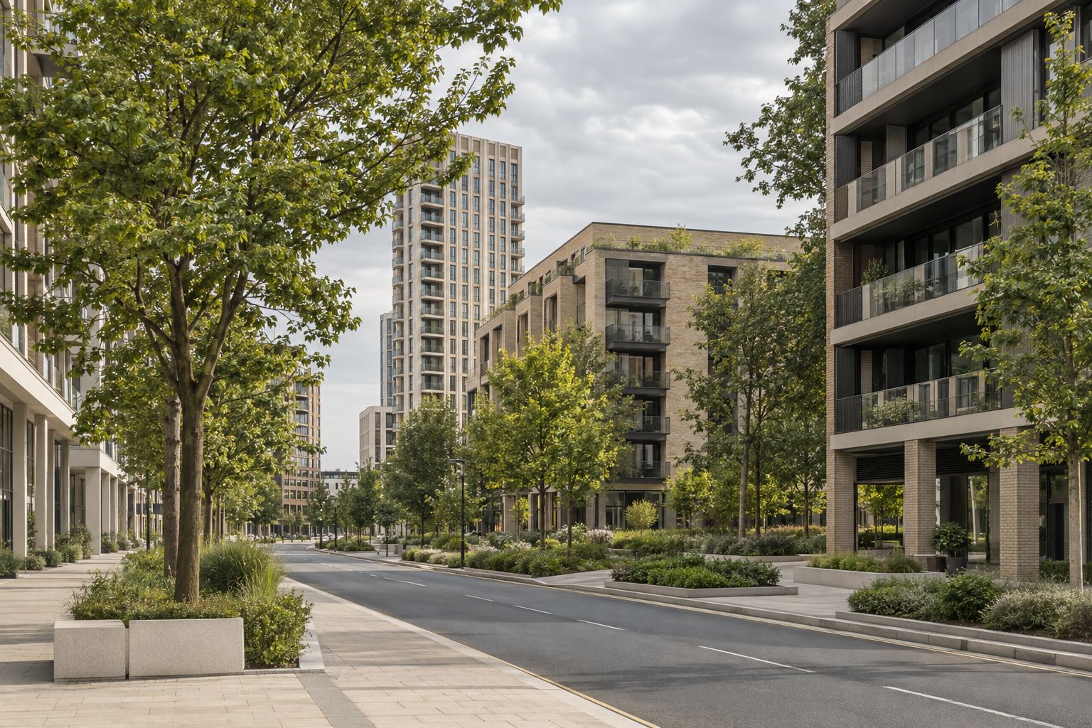 Tree-lined street between new apartment buildings
